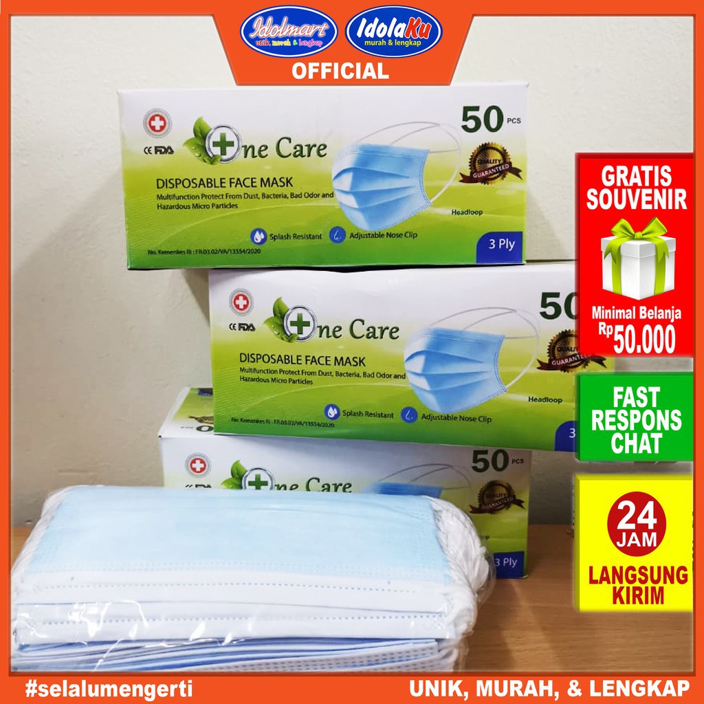 IDOLMART Masker Disposable Earloop 3 PLY isi 50 Pcs/Anti Bakteri Masker Surabaya