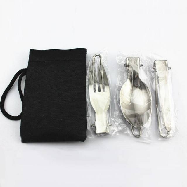 set Sendok Garpu Pisau Lipat Portabel Stainless Steel 3pcs