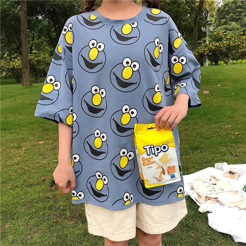 Oversize Tee Tshirt Model Longgar Untuk Wanita Motif Elmo