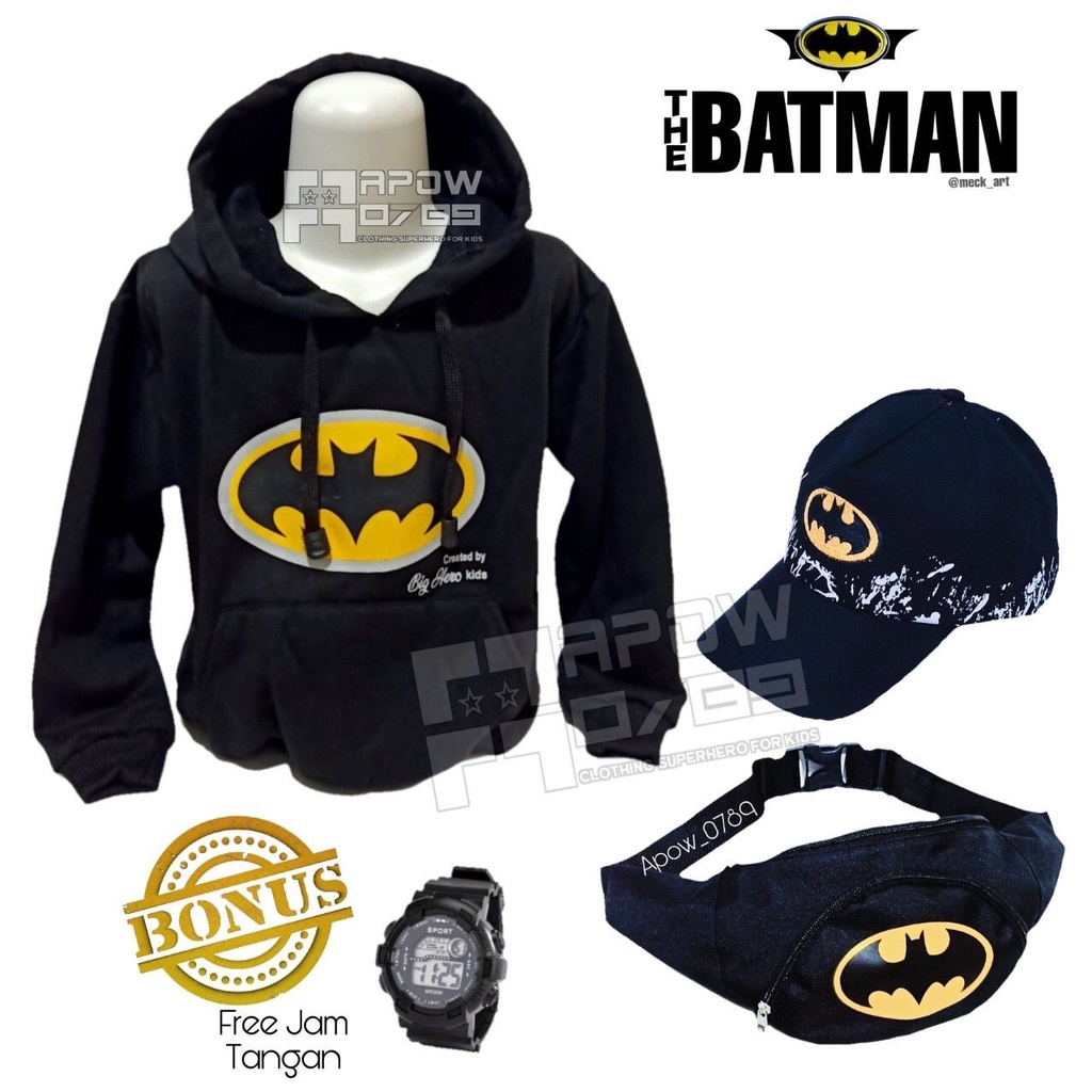 [BIG SALE]PAKET KOMPLIT SETELAN ANAK 4 IN 1 HOODIE_WAISTBAG_TOPI_JAM DIGITAL MOTIF BATMAN