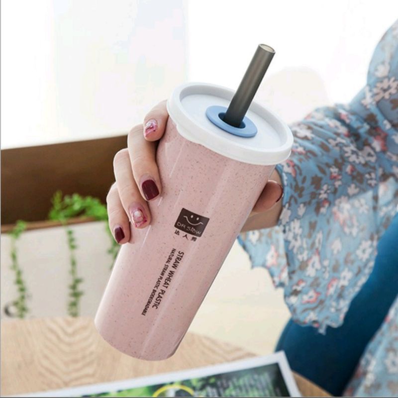 DOMMO - D6093 Botol Minum Wheat H5461 / Botol Minum Sedotan Korea / Tumbler Cup Wheat Straw Eco Friendly / 2 Tutup Free Sedotan