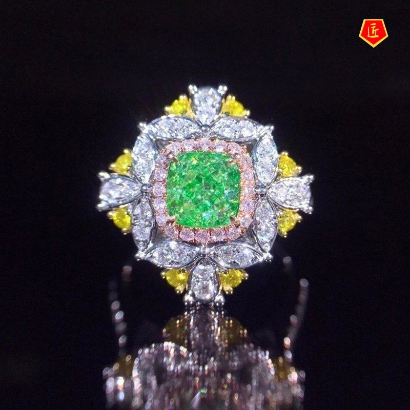 [Ready Stock]Luxurious Inlaid Emerald Ring Women's Elegant