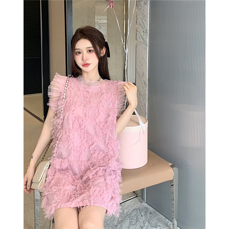 Suhao gaun tanpa lengan berjumbai Perancis peri musim panas longgar manis lembut angin pink high-end