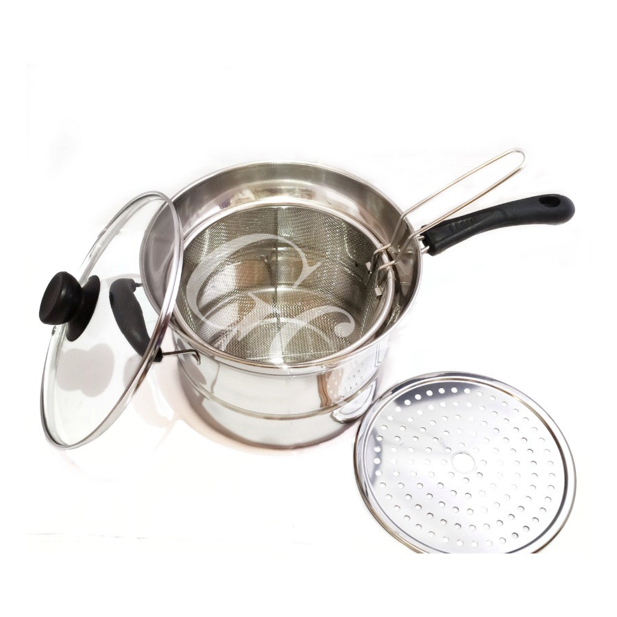 Panci Multifungsi Stock Pot Stainless Steel 3in1 Goreng Kukus Dan Rebus Ukuran 22Cm