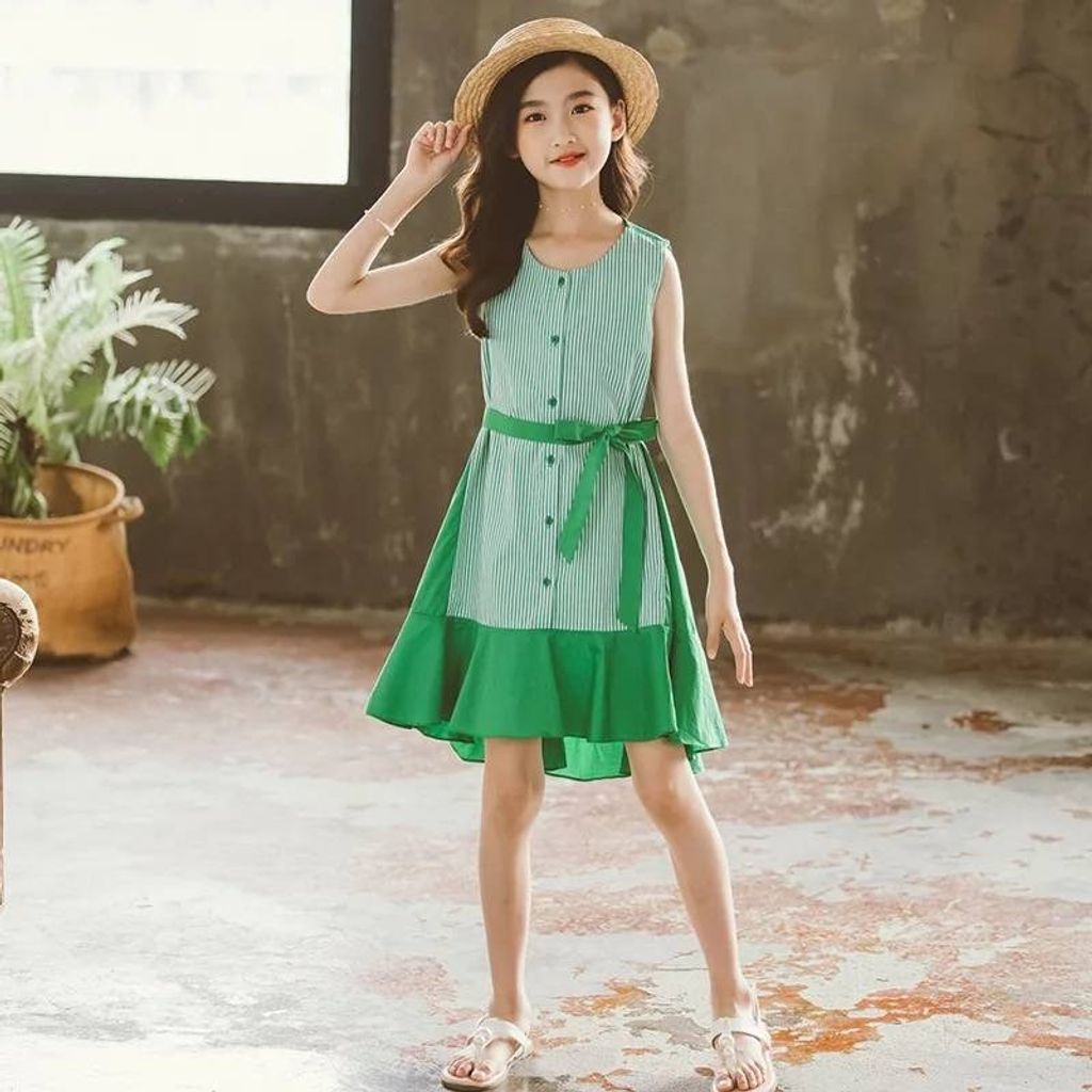 Dress Anak Warna Hijau Strip Pita Pinggang Gaun Tanpa Lengan Katun New