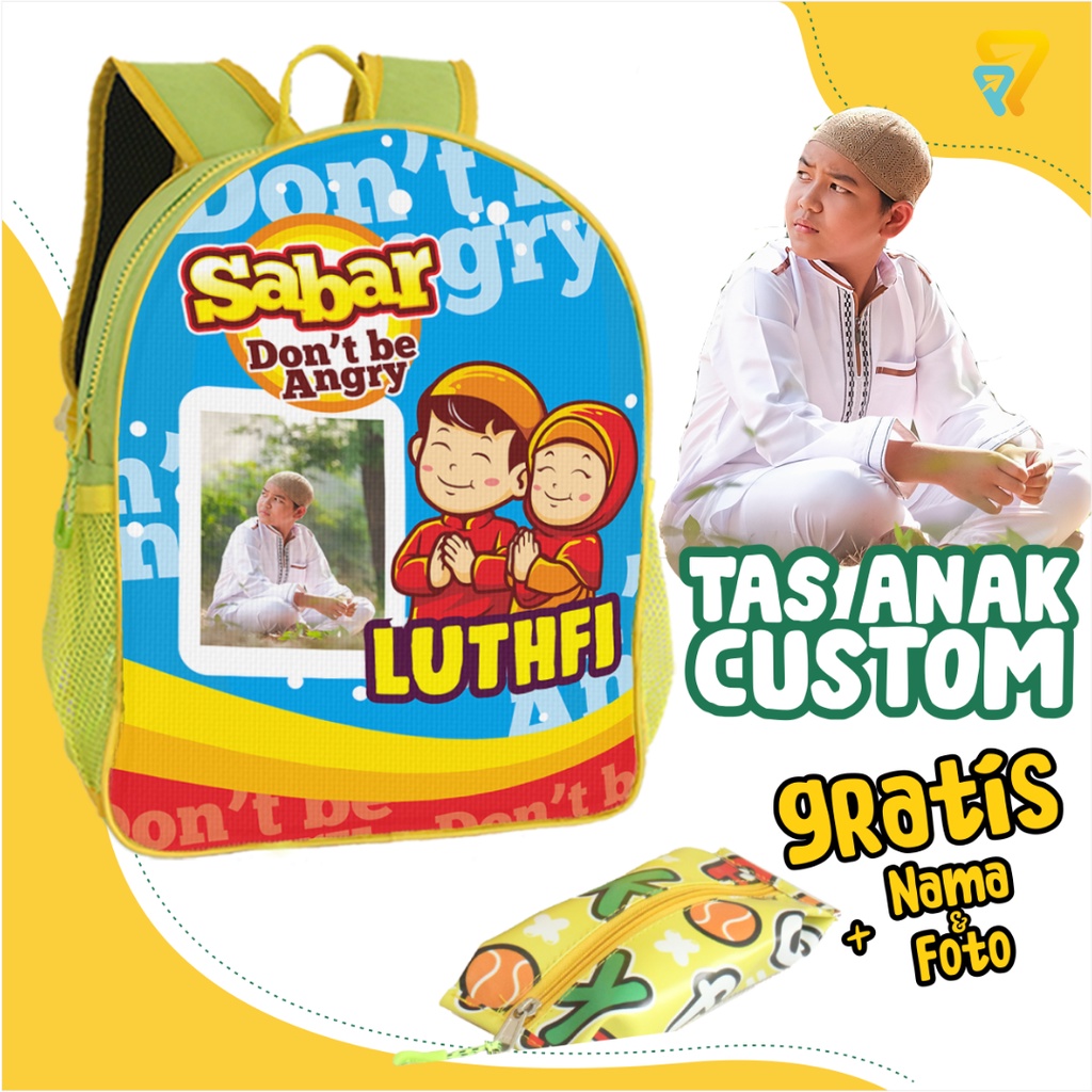

[1 HARI JADI] Tas Anak Custom MUSLIM SABAR TAKO Foto & Nama Tas TK PAUD taspromosi2p