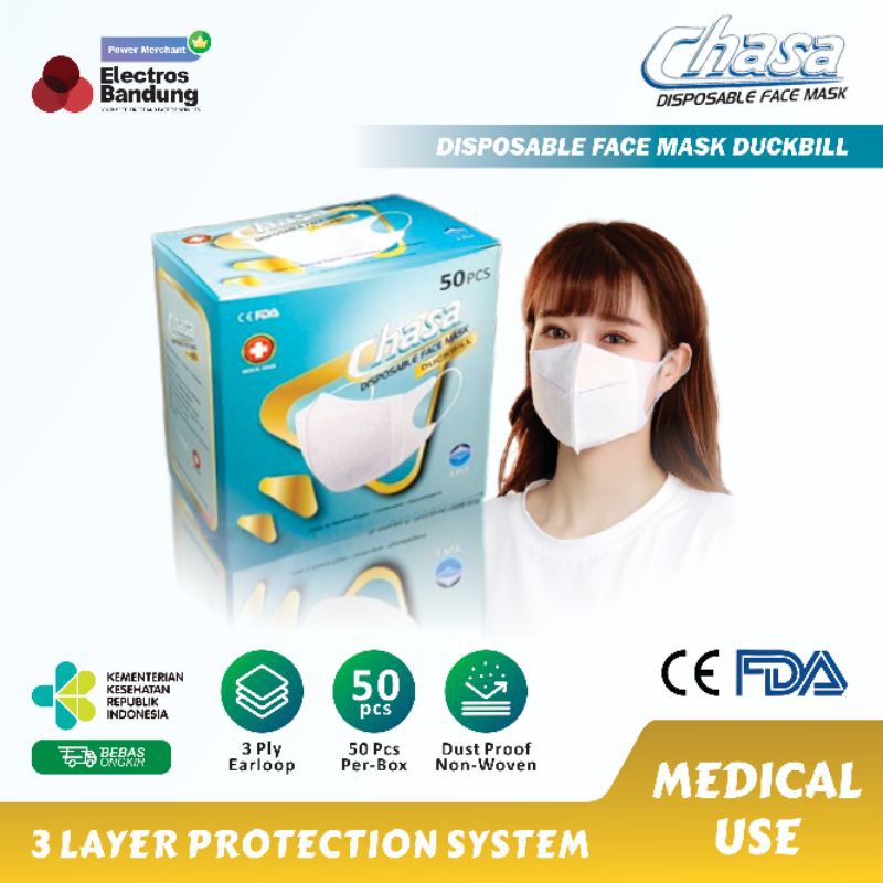 Masker Duckbill Garis Hidung Chasa 3 Ply isi 50 Pcs Masker Medis - Duckbill Garis Hidung Mirip Sensi
