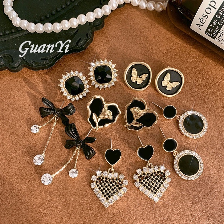 Anting Mutiara Sederhana Hitam Ala Korea2023An Berlian Imitasi Wanita Baru