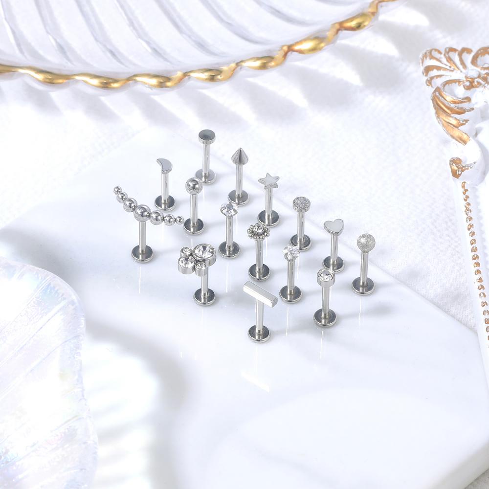 4-15pcs Anting Tindik Bibir / Tulang Rawan Telinga Bahan Stainless Steel Hias Kristal 3 Warna Ukuran 6 / 8mm