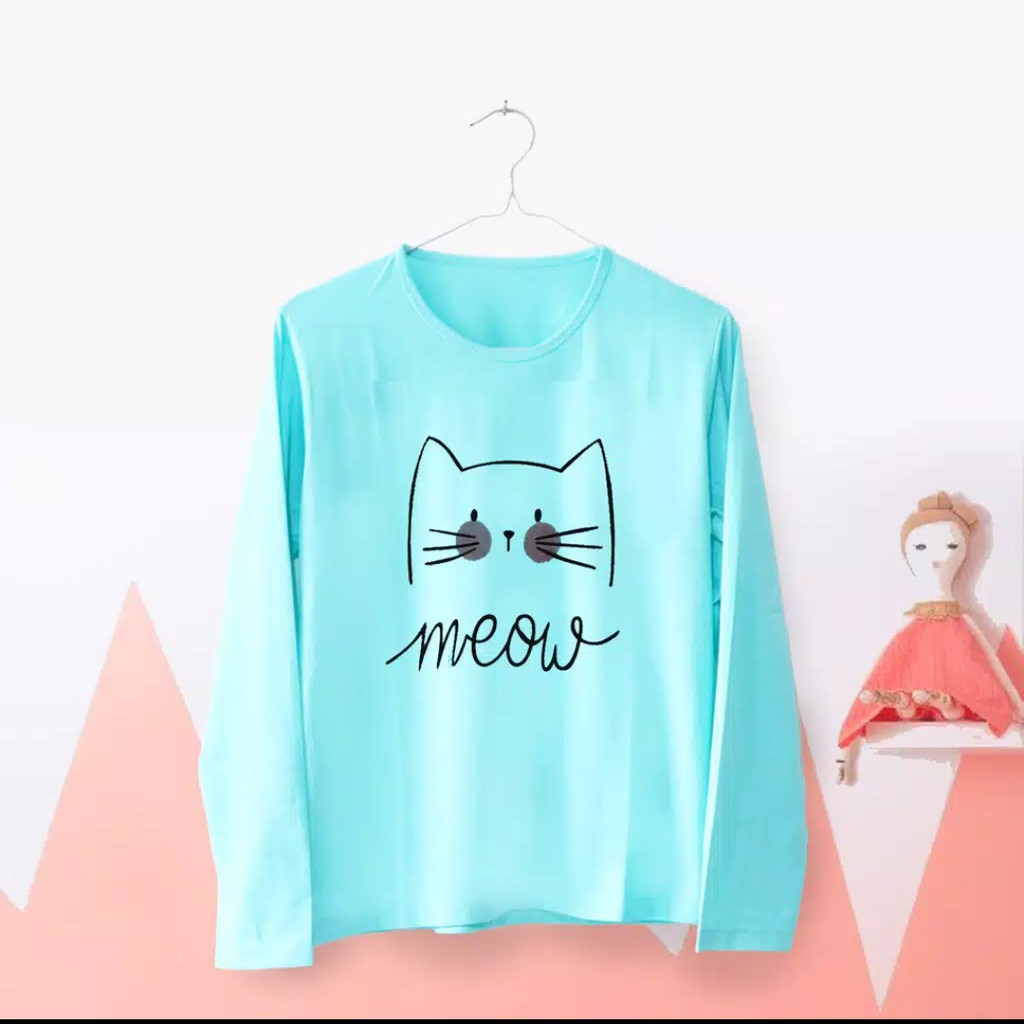 T-Shirt / Kaos Wanita Lengan Panjang Meow Warna tosca