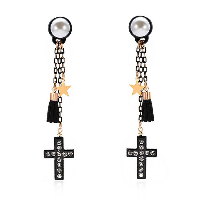 LRC Anting Tusuk Fashion Black Cross Shape Decorated Earrings