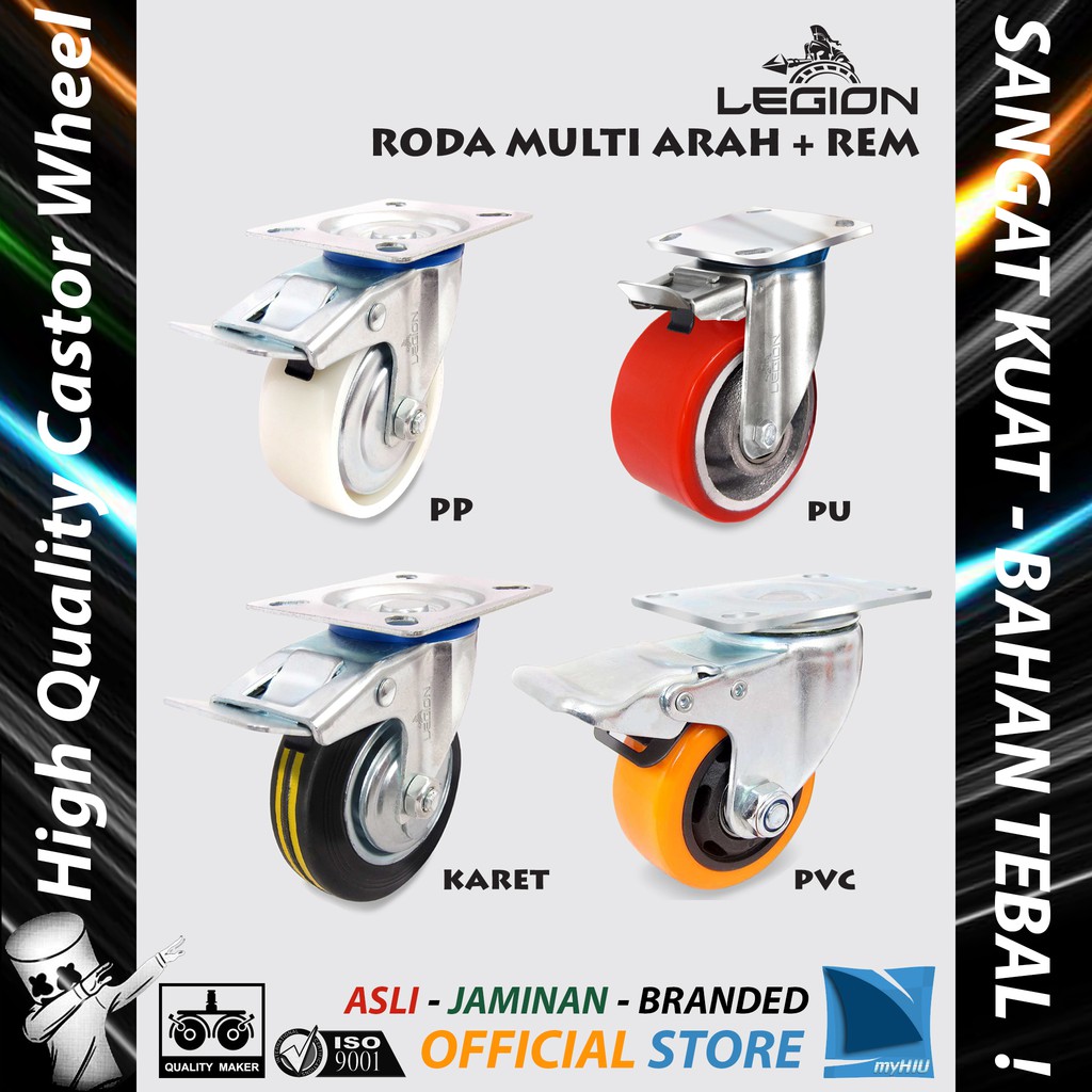 Roda Lori 4&quot; inch / 100 mm Rem Multi Arah Besi - PU Caster Troli - Trolley BRAKE Castor Wheel LEGION