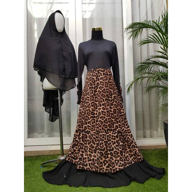 HQ gamis set bubble crepe leopard khimar cerutty gamis klok gamis syari fashion muslim dress syari