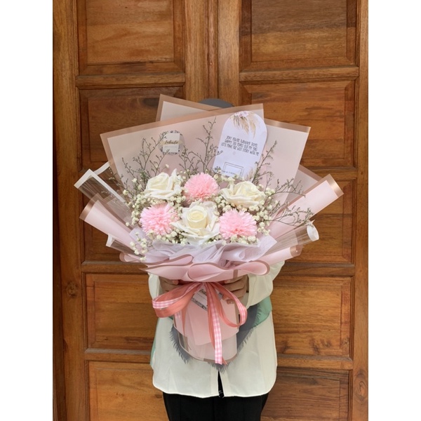 Buket Bunga Palsu Rose mix Pompom - Buket wisuda/ Ultah/ Anniversary Murah