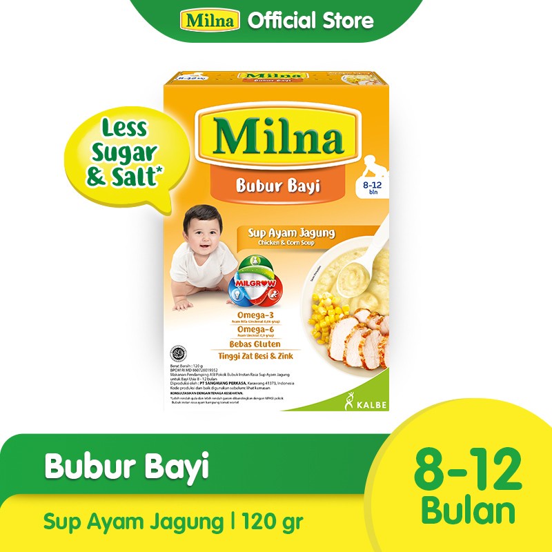 MILNA Bubur Bayi 8-12 Bulan / MILNA BUBUR BAYI 8+ / MPASI Bayi Sehat / Berbagai Rasa Enak Kemasan 120gr