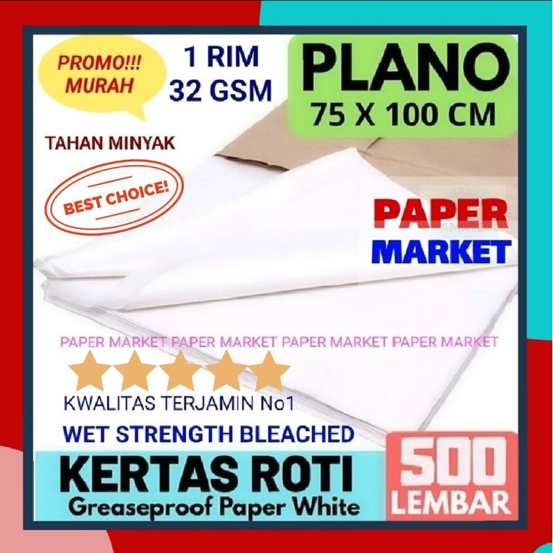 

KERTAS ROTI PUTIH GREASEPROOF PAPER WHITE 32 GSM 75 x 100cm - 1 rim (500 lembar)