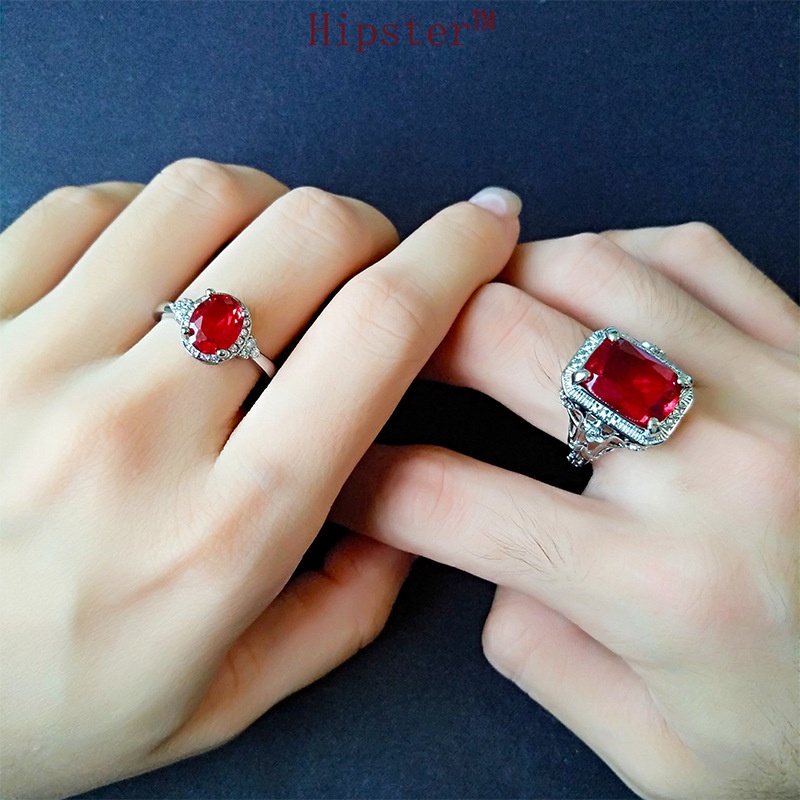 New Retro Trendy Light Luxury Full Diamond Ruby Couple Couple Rings