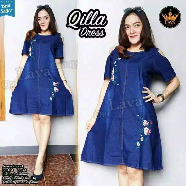 QILLA DRESS !! DRESS CANTIK VARIASI BUNGA BORDIR ASLI matt JEANS WASH (RSTA)