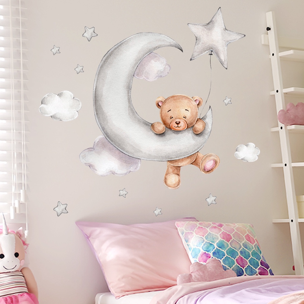 Rumah Kreatif Tahan Air Stiker Dinding Ornamen/Kartun Beruang Bulan Awan Bintang Stiker Dinding Dekorasi/Kartun Beruang Dekorasi Untuk Rumah Kamar Tidur Latar Belakang Kamar Anak