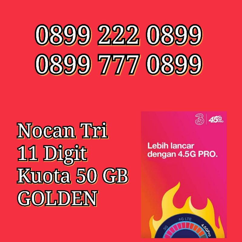 NOCAN Nomor Cantik 11 Digit Kartu Perdana 3 Tri Three 4G LTE Kuota 50GBGolden
