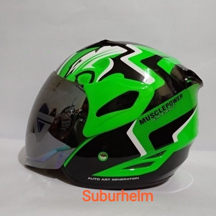 HELM  GM  FIGHTER SE  MUSCLE POWER   GREEN FLOURECENT BLACK  HALF FACE  SINGLE VISOR  SNI ORI