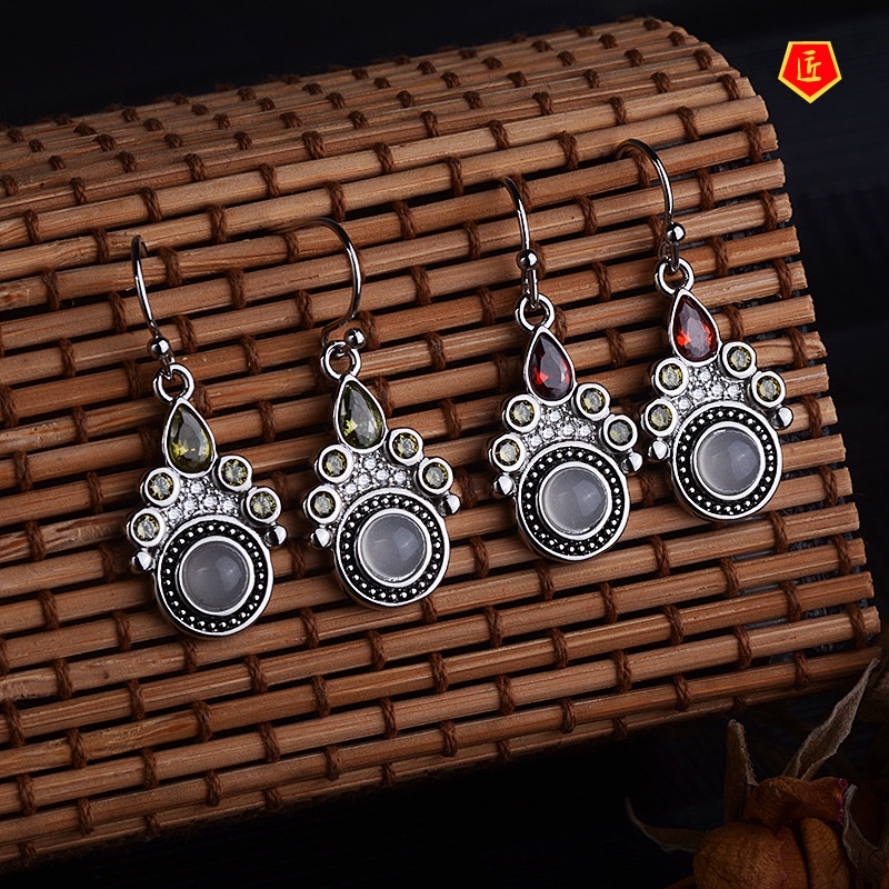 [Ready Stock]Silver Creative Cat's Paw Footprints Moonstone Earrings