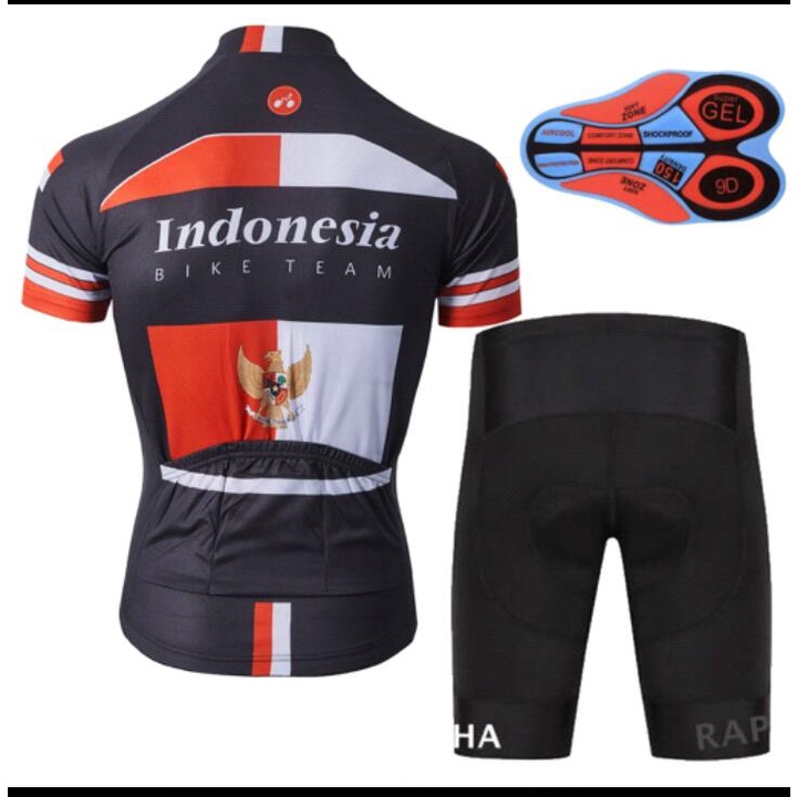 Pakaian Bersepeda Padding 9D Gel Jersey Sepeda Roadbike MTB Pria / Wanita Hitam Merah Lengan Pendek