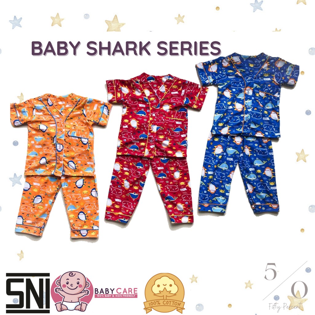 Set Baju Tidur Piyama Anak Tanpa Kerah Motif Babyshark