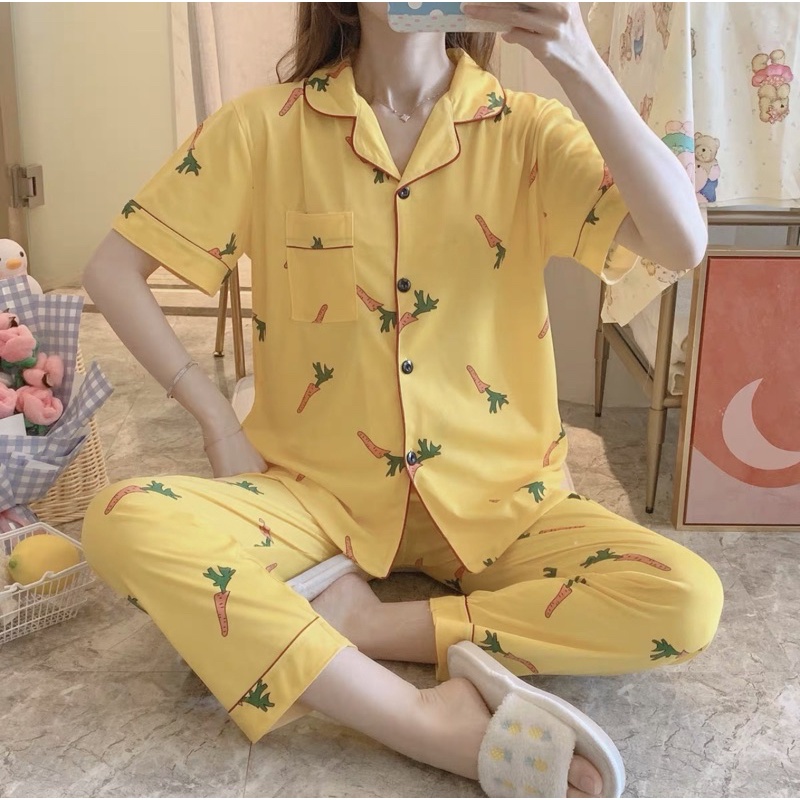 JC Piyama Set CP import / Piyama wanita CP / Piyama wanita Import murah-Carrot Yellow CP