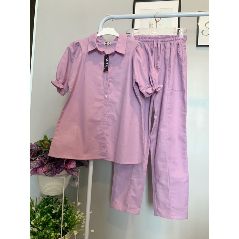 setelan linen celana panjang wanita