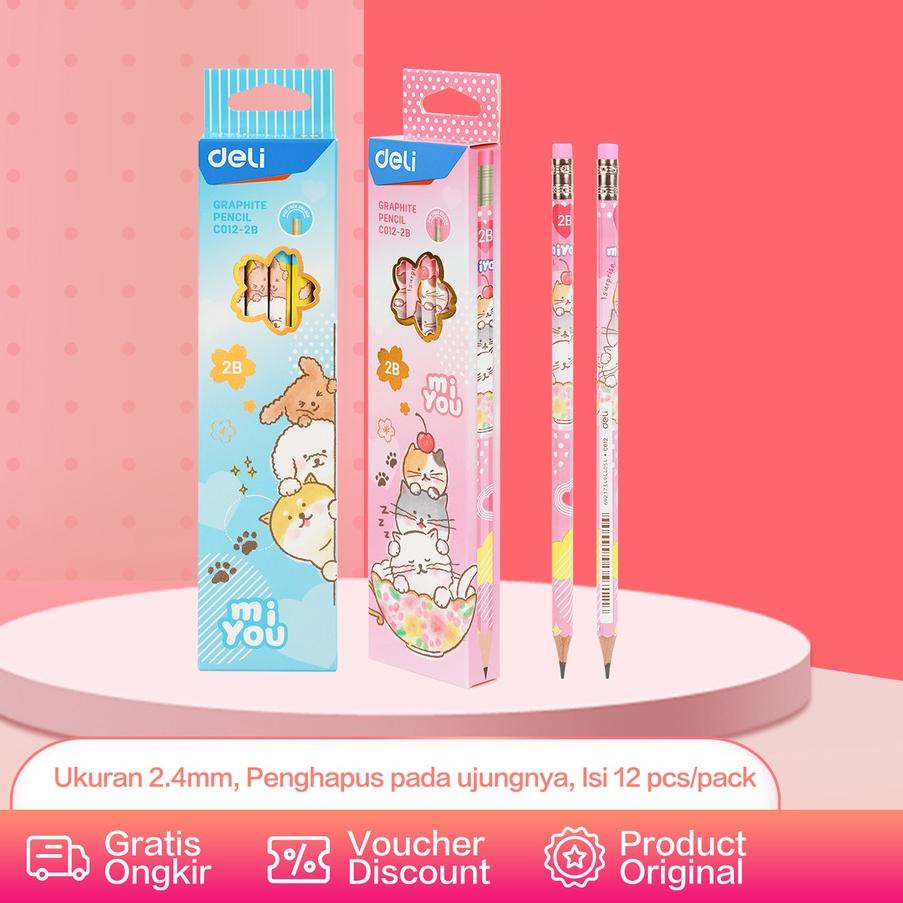 

Serbuuu Deli Graphite Pencil / Pensil Kayu 2B Isi 12pcs/Pack dengan Penghapus Desain Miyou EC012-2B++