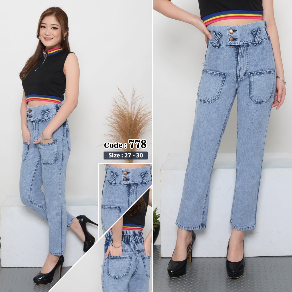 MC girl Highwaist Kancing 2 / Boyfriend / Kulot / High Waist Pinggang Karet / Kulot Kantong Depan