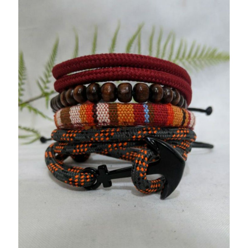 GELANG PRIA PAKET TALI PRUSIK PARACORD MOTIF MERAH ORANGE / GELANG TALI / GELANG KEREN