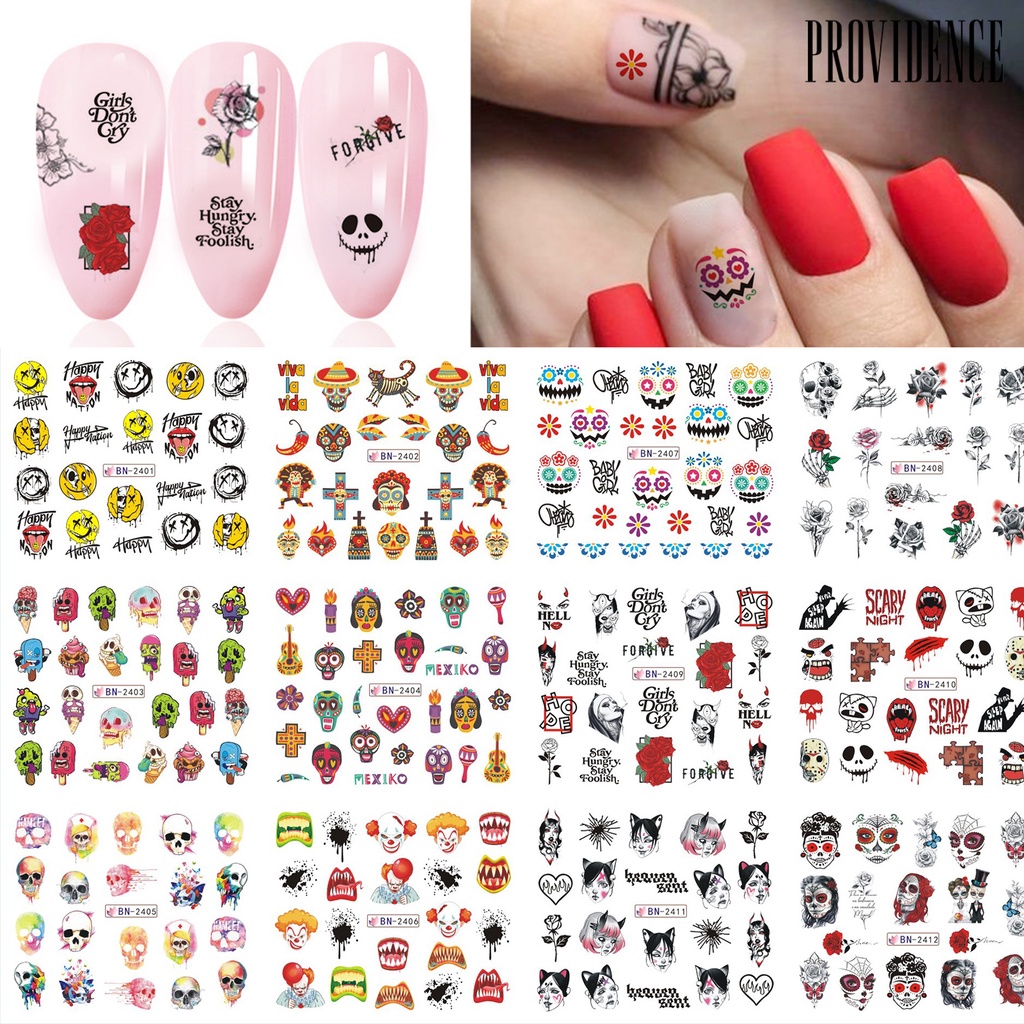 Stiker Kuku Pola Tengkorak Pohon Natal Halloween Dapat Dilepas Untuk Dekorasi Nail Art