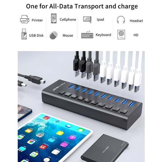 USB HUB 10 Port USB 3.0 ACASIS HS710 High Speed Include Power Adaptor