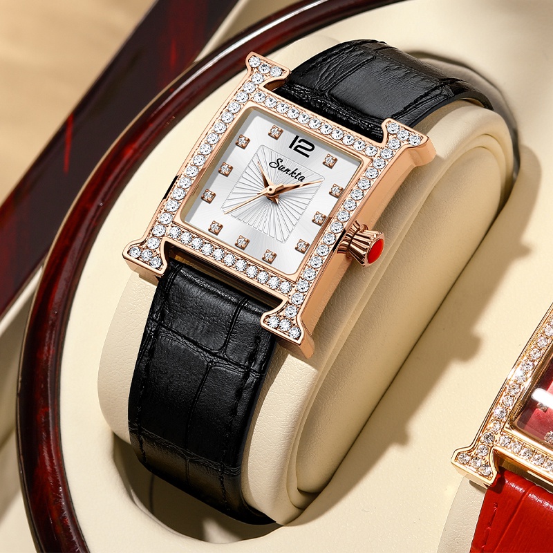 SUNKTA Jam Tangan Wanita, Jam Tangan Mewah Wanita Kulit Berlian Gelang Persegi Kuarsa untuk Wanita H