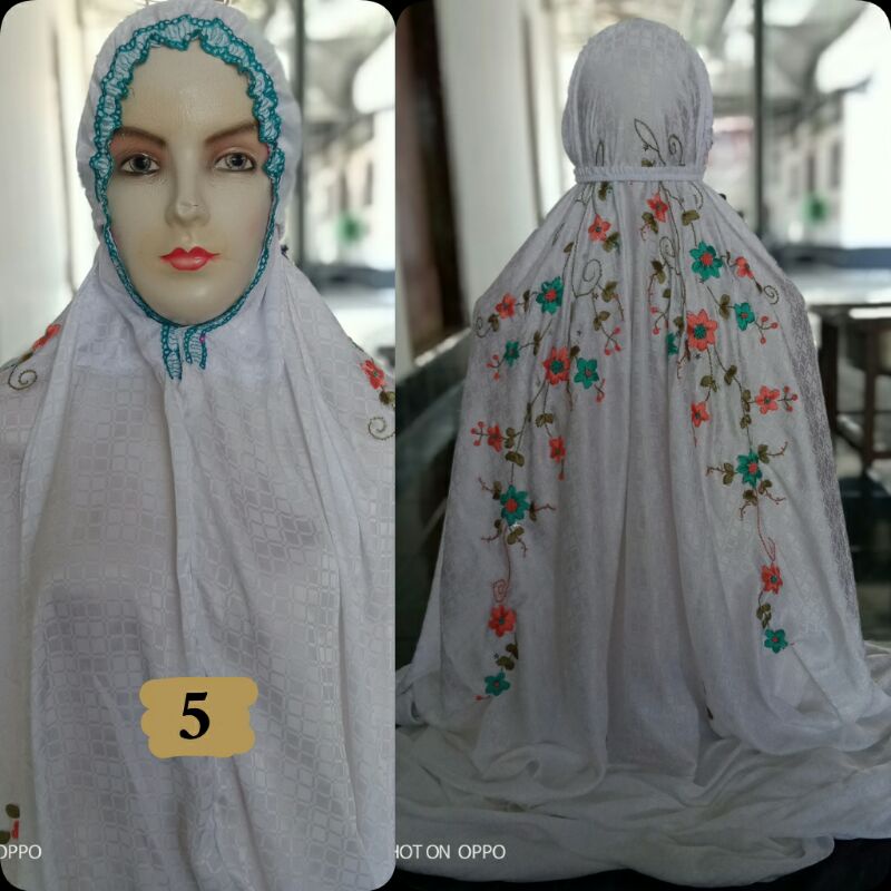 Mukena Sutra Blitz Sulam Benang - Rukuh Lajuran Putih - Rukuh Lajuran Sutra Blitz Putih - Mukena Ter