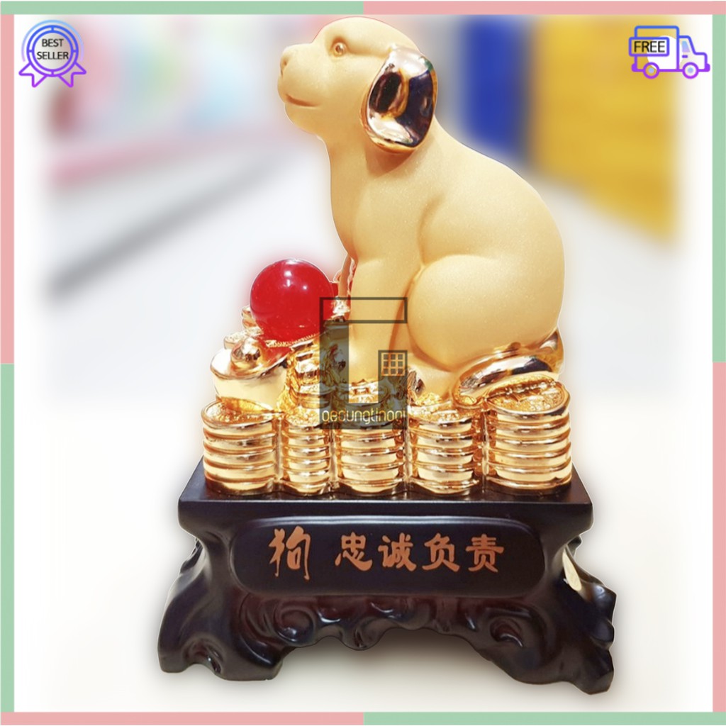 Patung Pajangan Hiasan Imlek Hoki Rejeki Fengshui Lucky 12 Zodiak Shio Anjing Chrome Emas Gold Resin