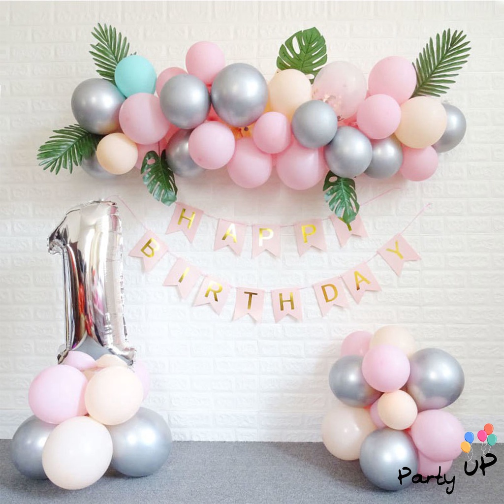 [Arch Set] Flag Leaf Silver Pink Yellow Chain Balloon