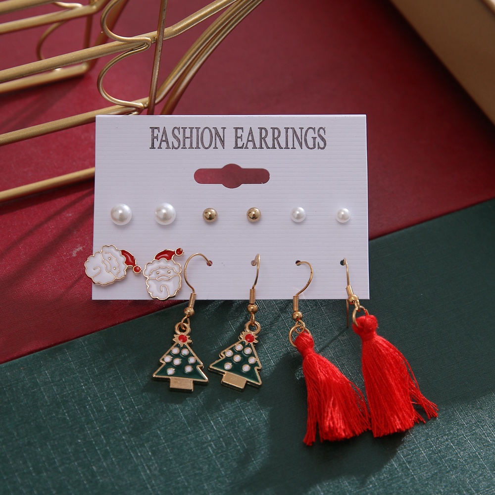 12pcs / Set Anting Rumbai Mutiara Desain Santa Claus Rusa Pohon Natal Untuk Wanita