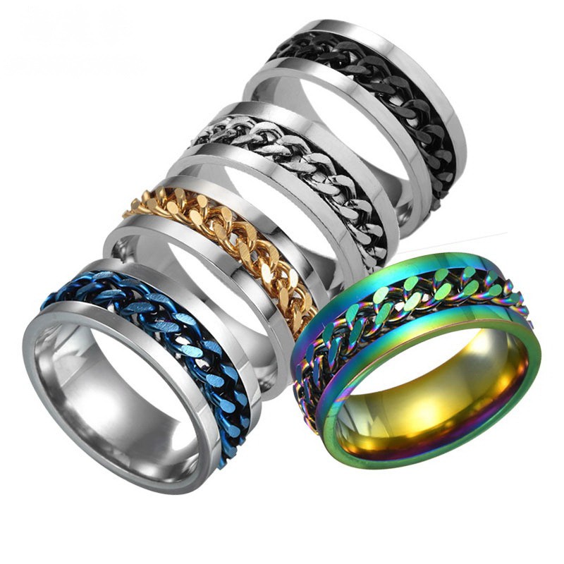 Cincin Titanium Pria Unik Rantai Putar Biru Silver Hitam Gold Multicolor - SR0039