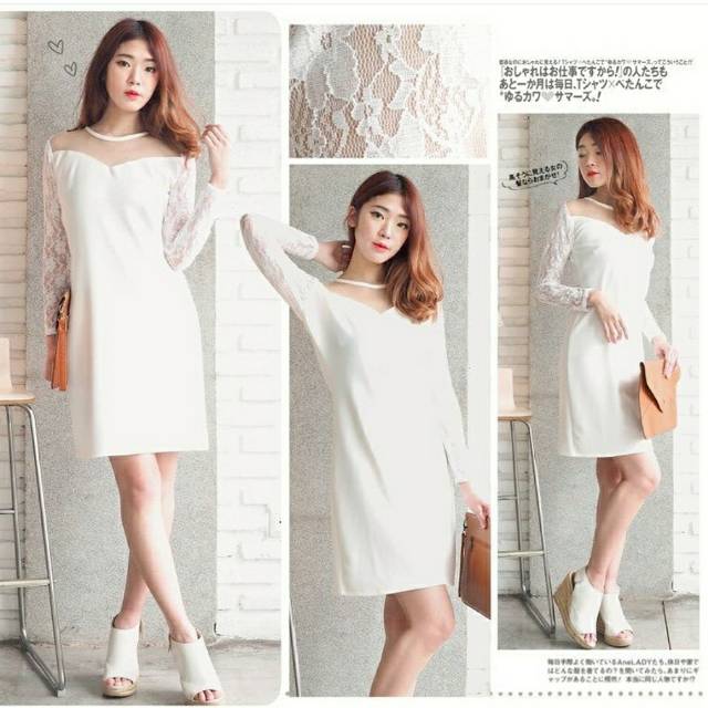SALE MURAH MARION MINI DRESS PARTY BODYCON MEWAH SCUBA TEBAL MIX BROKAT LACE WHITE PUTIH