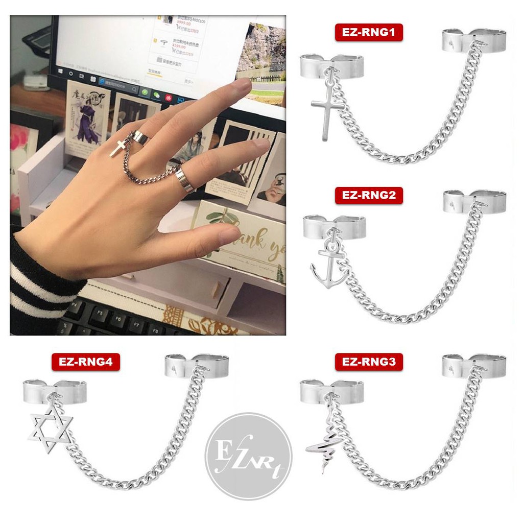 Cincin Ganda Sambungan Rantai Gantungan Salib / Jangkar / ECG / Hexagram Gaya Punk BTS KPOP