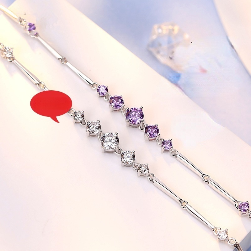 Gelang Bahan Silver 925 Hias Berlian Zircon Warna Ungu Putih Gaya Korea Untuk Wanita