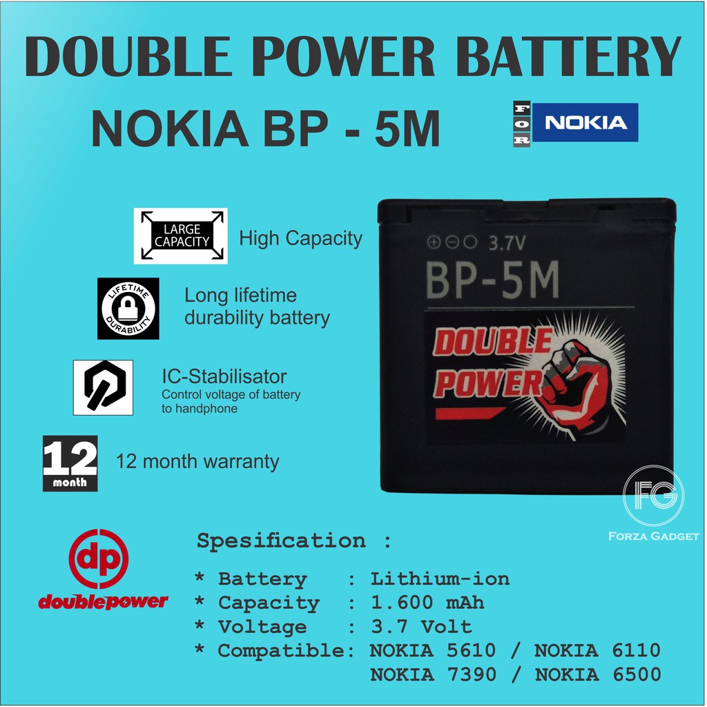 BATTERY DOUBLE POWER NOKIA BP5M untuk NOKIA 5610 6110 7390 6500 5700 1600mAh