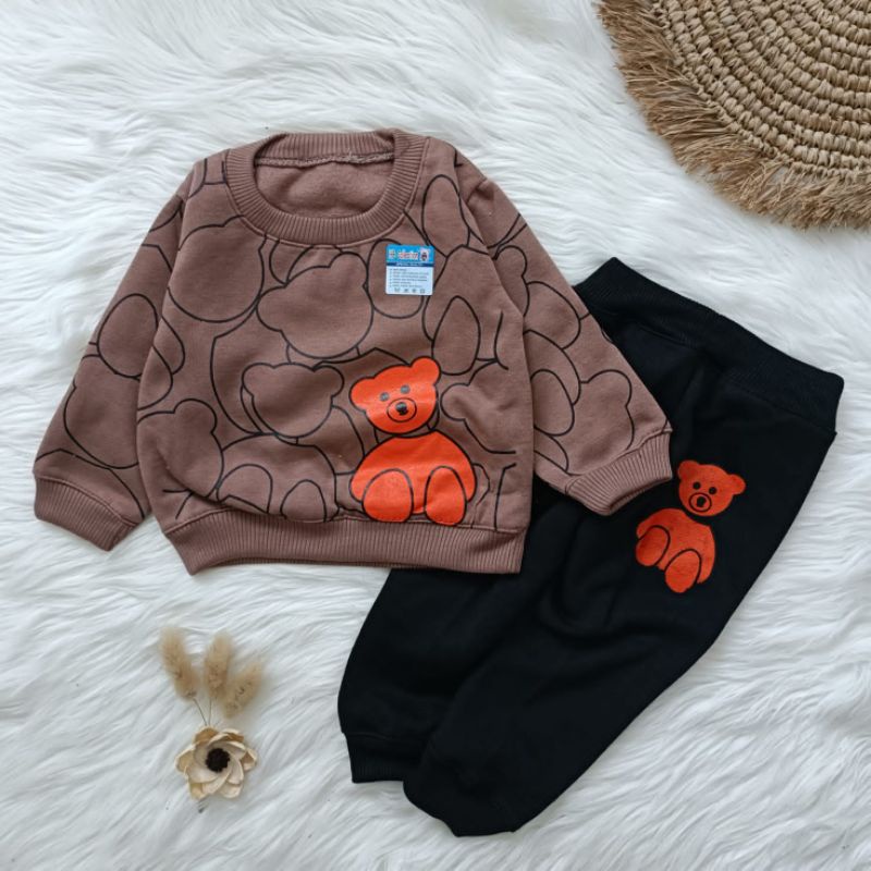 Setelan sweater bayi motif bear oren 3-12 bulan