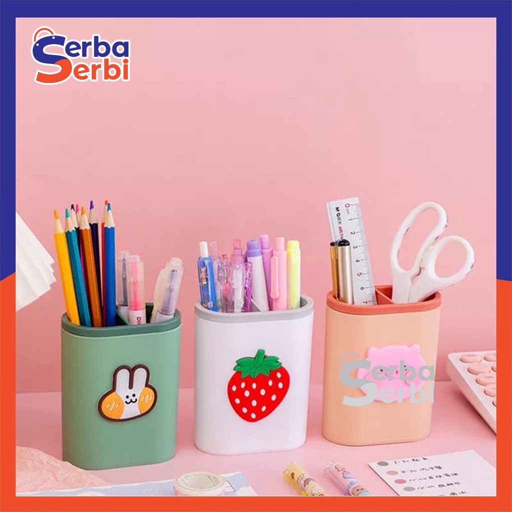 SerbaSerbi - Tempat Pensil dan Pulpen Meja Belajar Tempat Alat Tulis Pen Holder 2 Sekat Hiasan Meja 