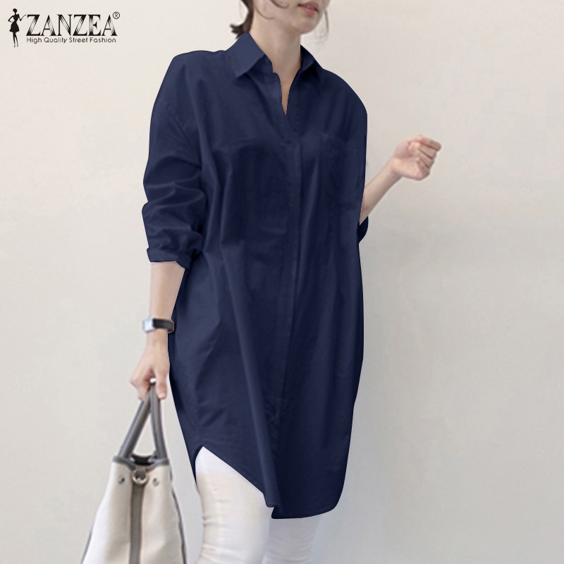 ZANZEA Womens Long Sleeve Lapel Collar Casual Solid Loose Blouse