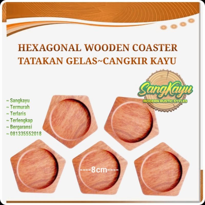 Tatakan kayu gelas kopi tatakan kayu mahoni jati wood coaster hexagona - Kayu mahoni