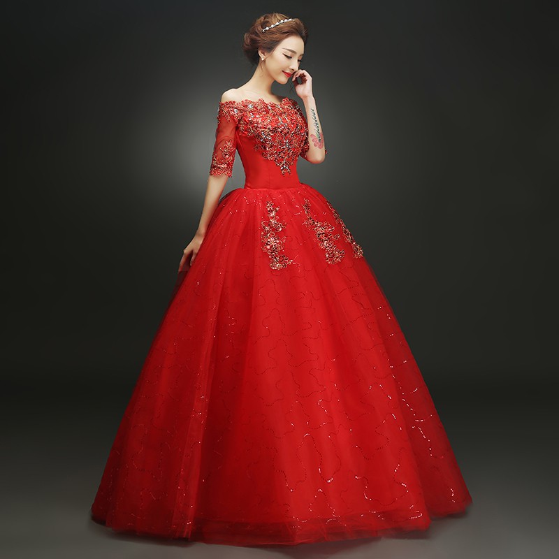 Merah Off Shoulder Renda wanita gaun pengantin Maxi Ball gaun pesta pernikahan